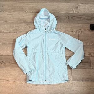 Columbia Girls Light Blue Hooded Waterproof Rain Jacket Medium 10/12